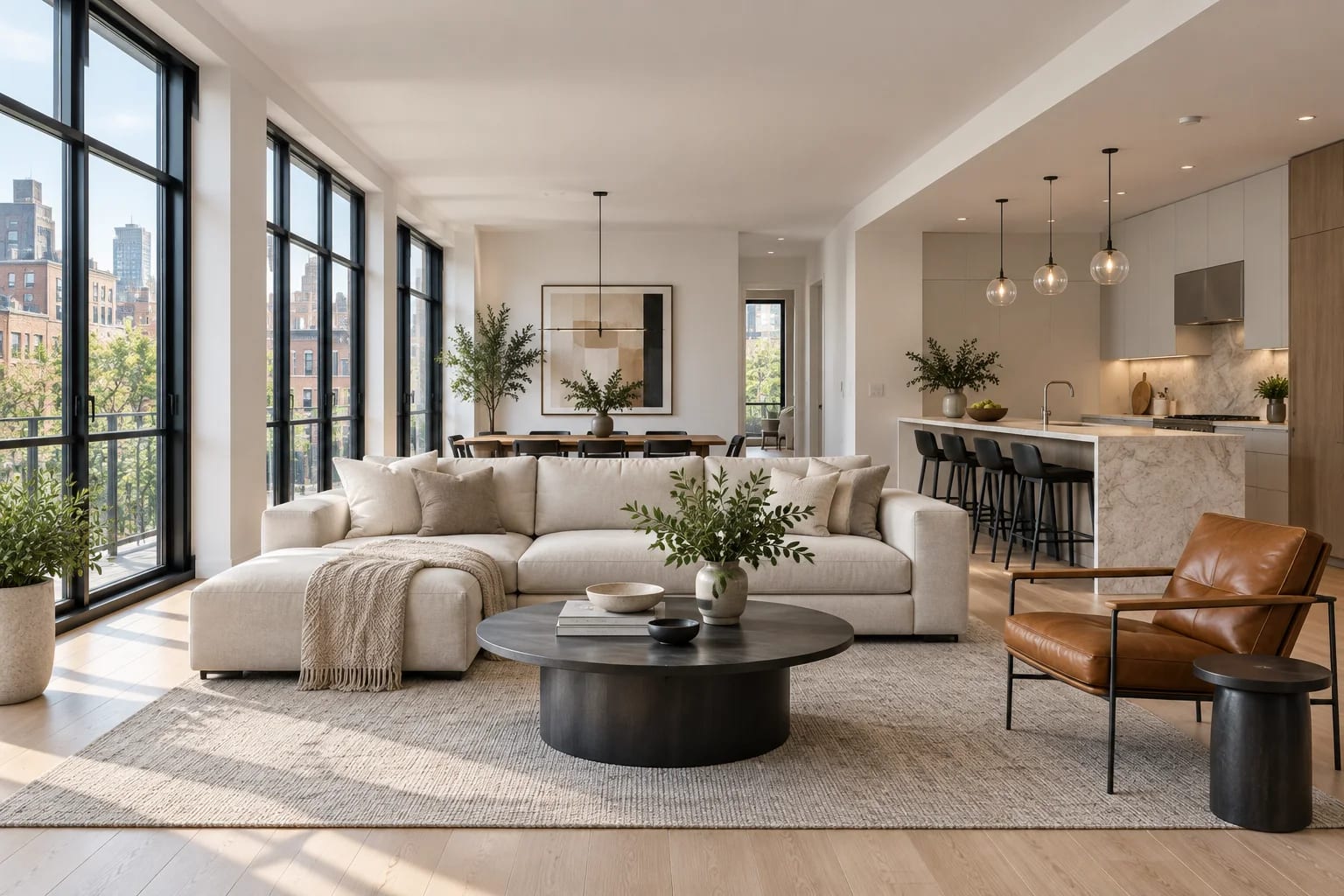 Representative living room with upholstered seating, large windows, and an open kitchen